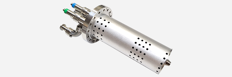 CAMECA TES 100 ECR ion source mounted on CF100 flange for high-energy beams